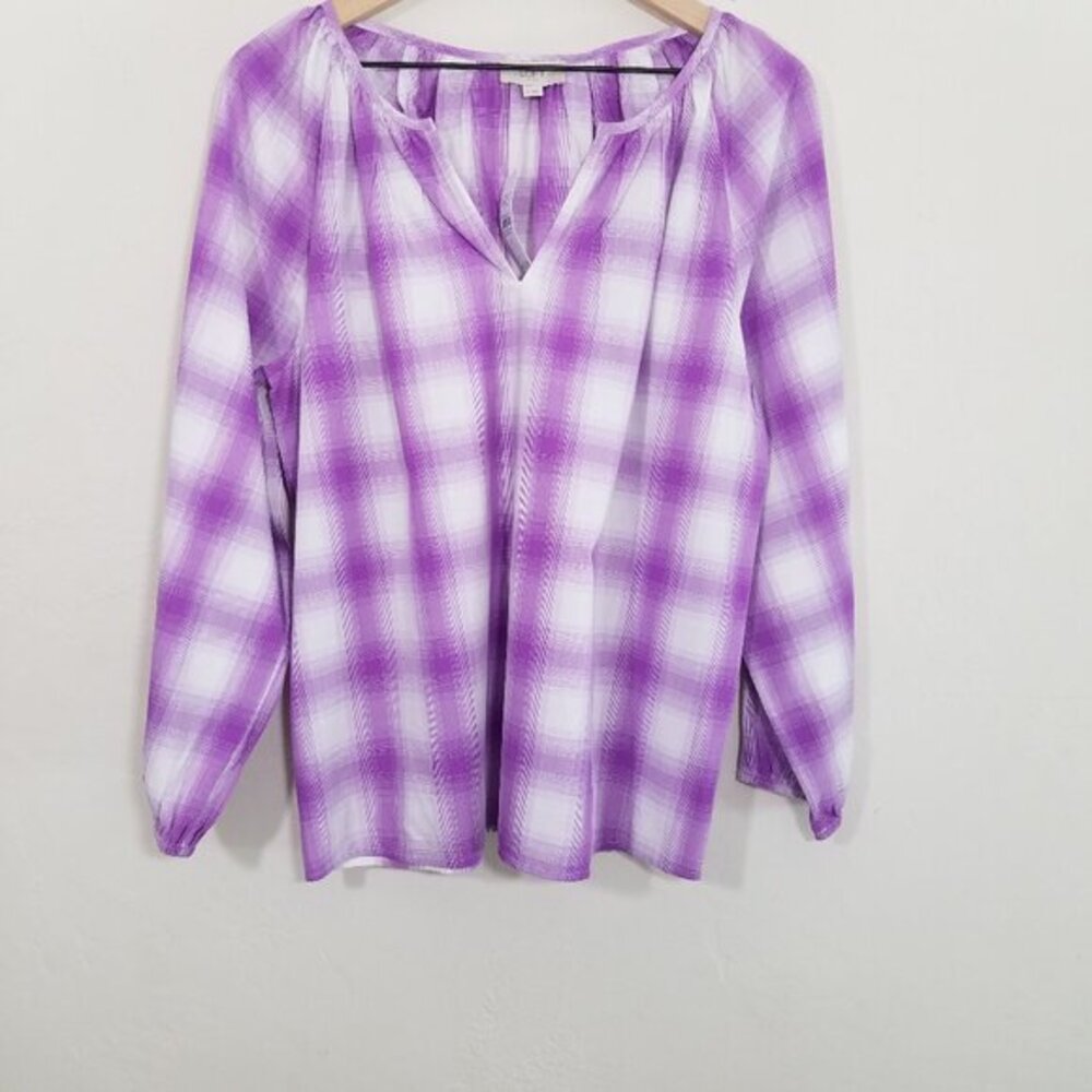 NWT LOFT Cotton Blend Plaid Purple and White Long Sleeve Top Blouse Size M